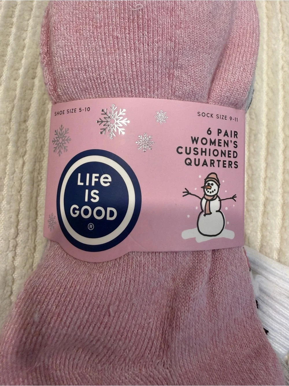 Life Is Good Women’s 6 Pack Cushioned Quarter Socks Pink Winter Snowman NWT